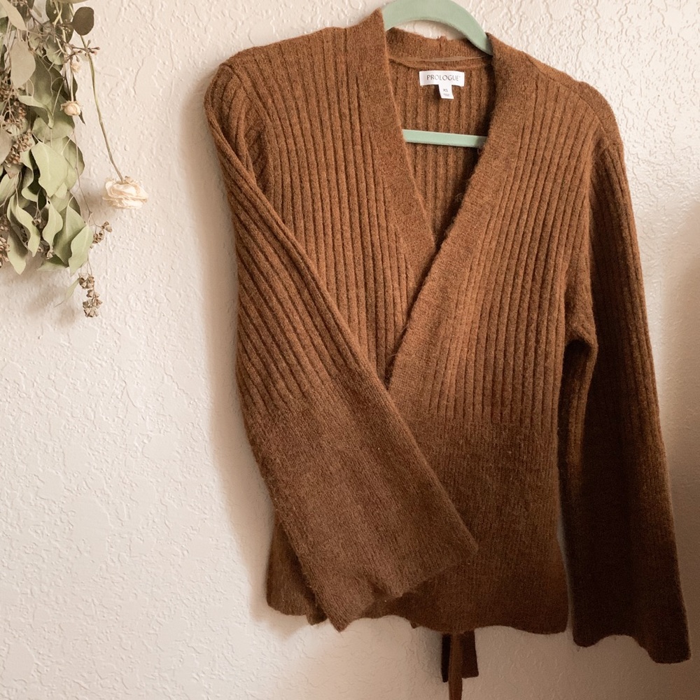Prologue Rib Knit Wrap/Tie Flare Sleeve Cardigan